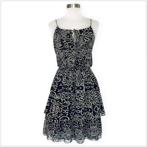 Robbi & Nikki Navy Beige Scroll Batik Tiered Layered Summer Slip Dress Size XS